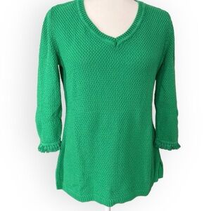 Talbots Cotton Green V Neck Fringe Sleeve Sweater Size XS